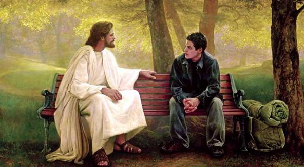 Jesus on bench with a man